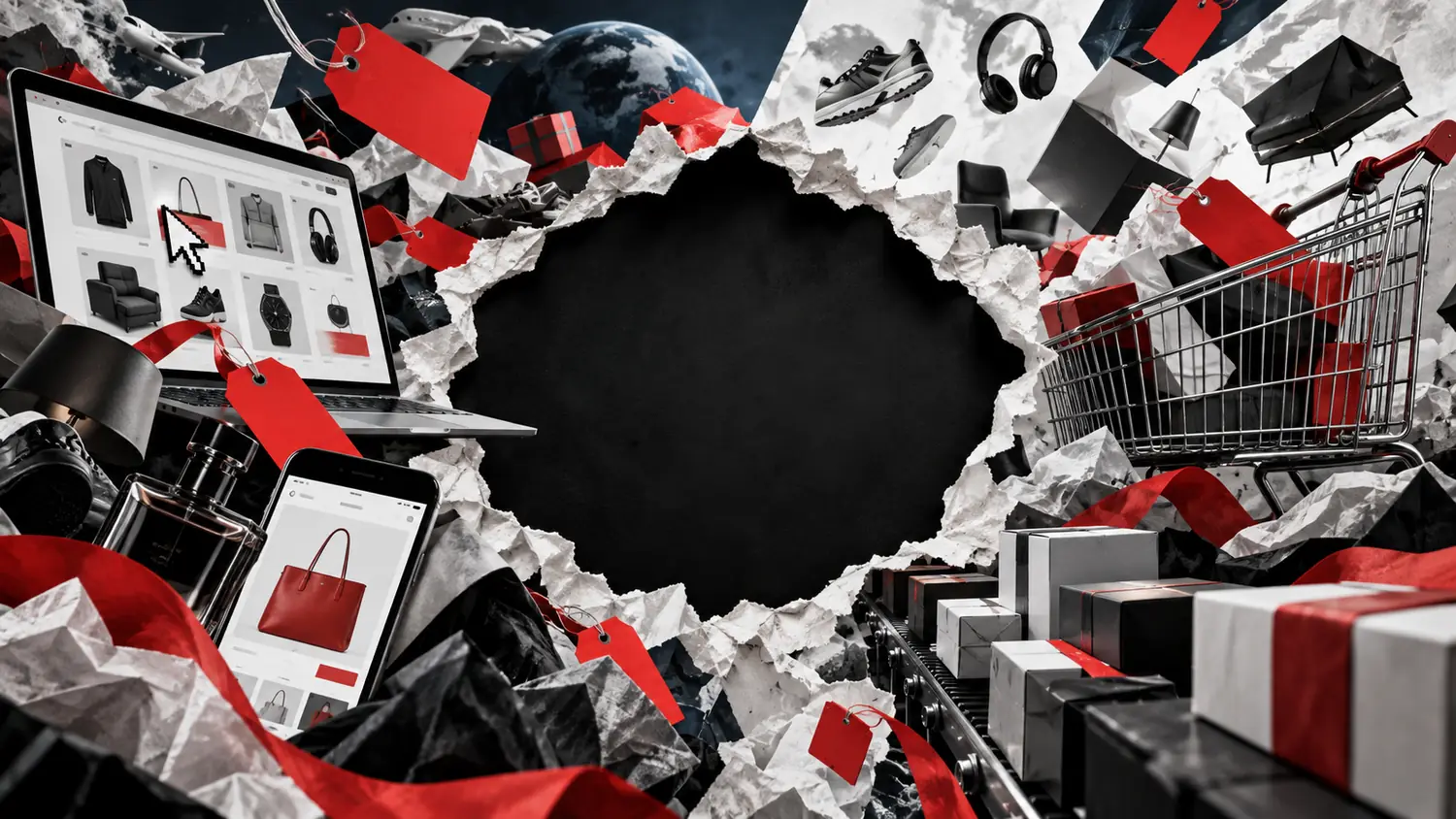 Collage crítico sobre descuentos, comercio digital e hiperconsumo